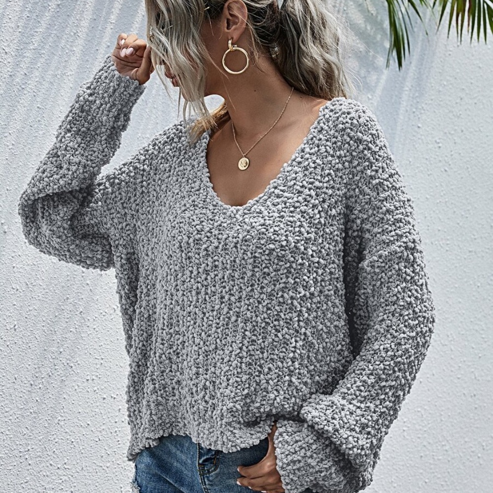 oversized dusty blue off shoulder popcorn sweater - Picture 12 of 14